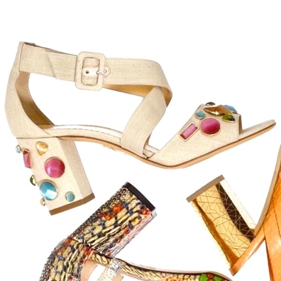 Charlotte Olympia Shoes - Charlotte Olympia / Bejewell beige linen Blanche sandal heels Shoes 39 9 jewel